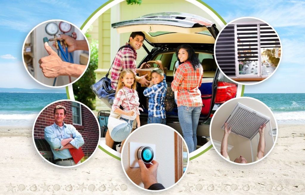 This is an image of a family going on vacation over late on top of it is an HVAC technician checking in AC unit. The thermostat being adjusted shades being pulled down in a filter being clean.