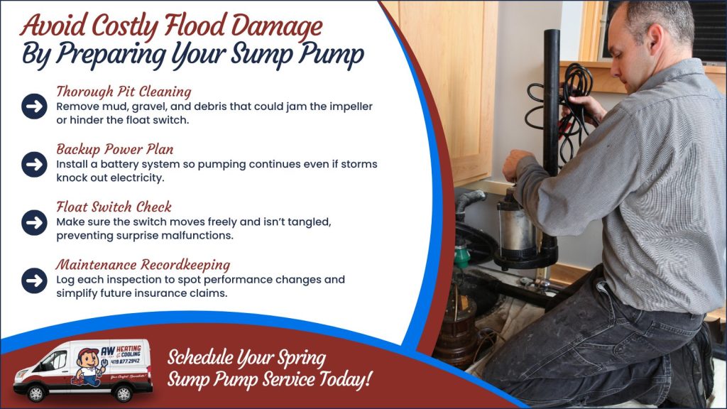 This is an image of a plumber, installing a sump pump. The headline reads avoid costly flood damage by preparing your sump pump.