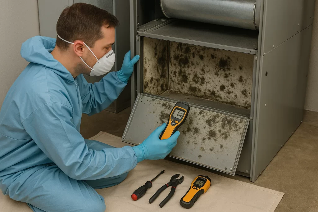 Technician inspecting mold inside air handler with moisture meter