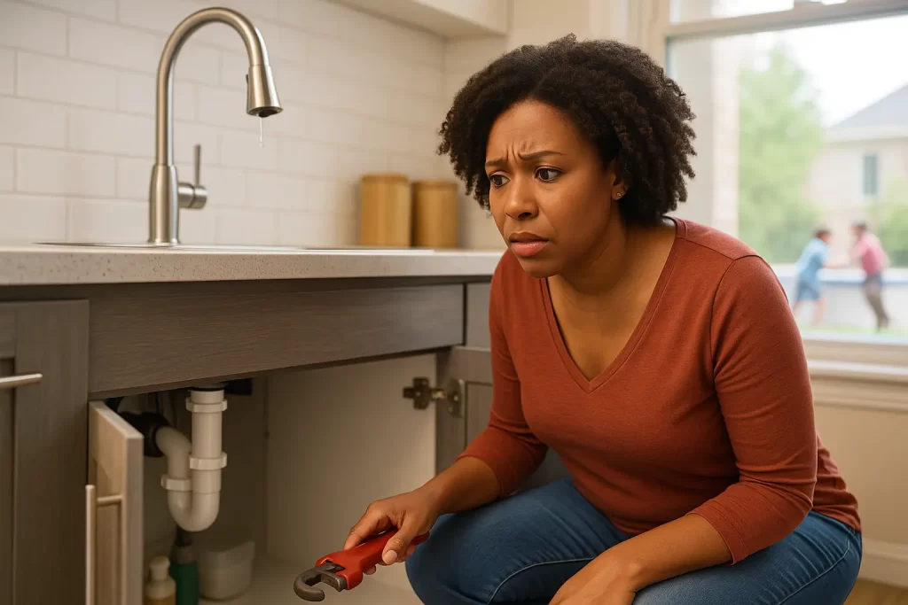 Plumber repairing kitchen sink pipe with wrench under cabinet