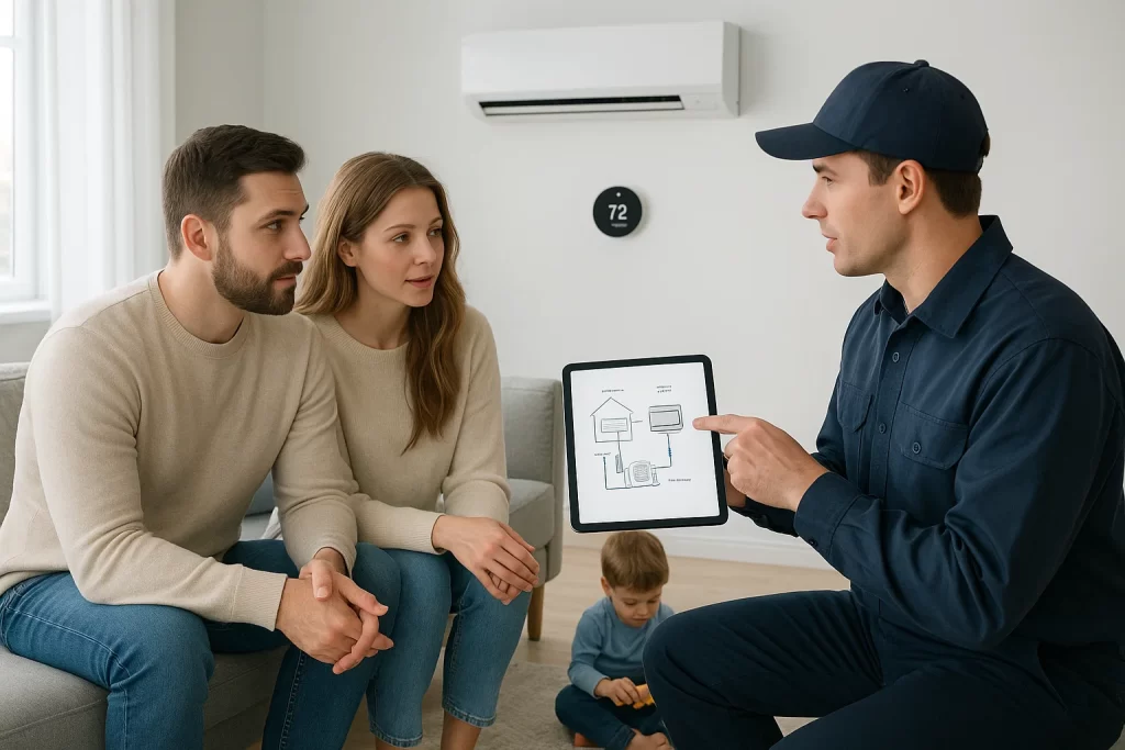 Family discussing smart HVAC installation with technician in a modern Maumee home