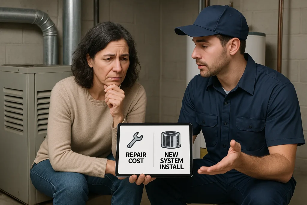 Homeowner and technician review AC repair vs. replacement options on tablet