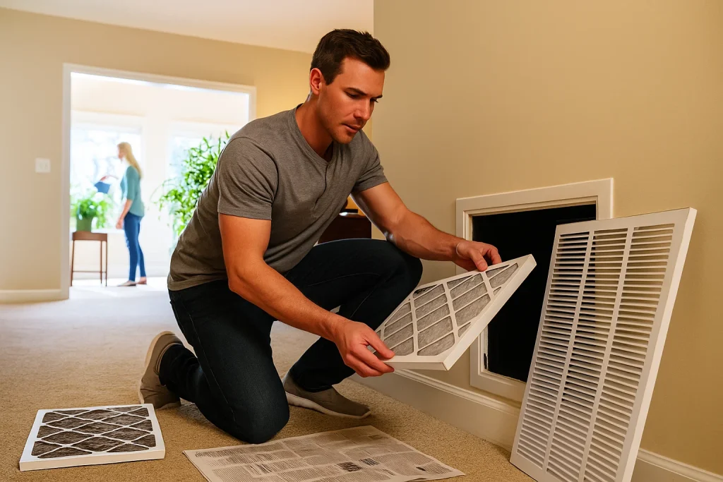 A homeowner changing an air filter.