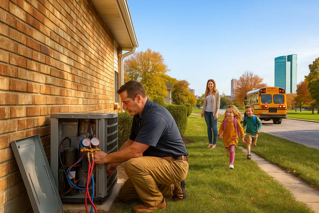 An HVAC technician working on an AC condenser unit on the side of the house as two kids run from a school bus