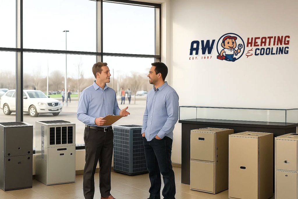 Homeowner and HVAC salesman from AW heating and cooling discussing a new furnace.