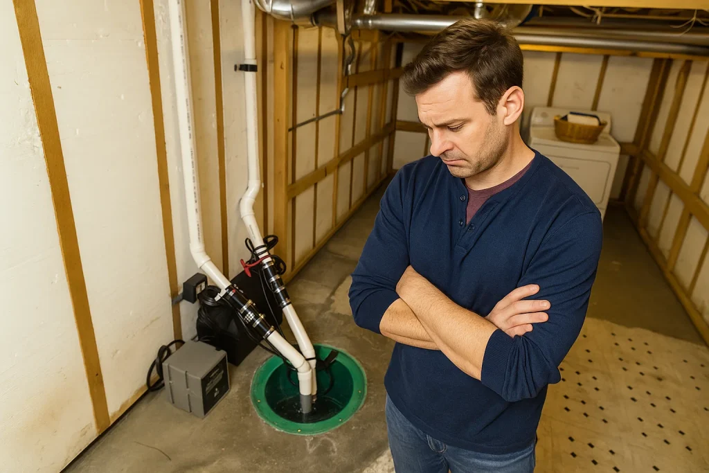 homeowner using flashlight to inspect noisy pedestal sump pump in damp Maumee basement