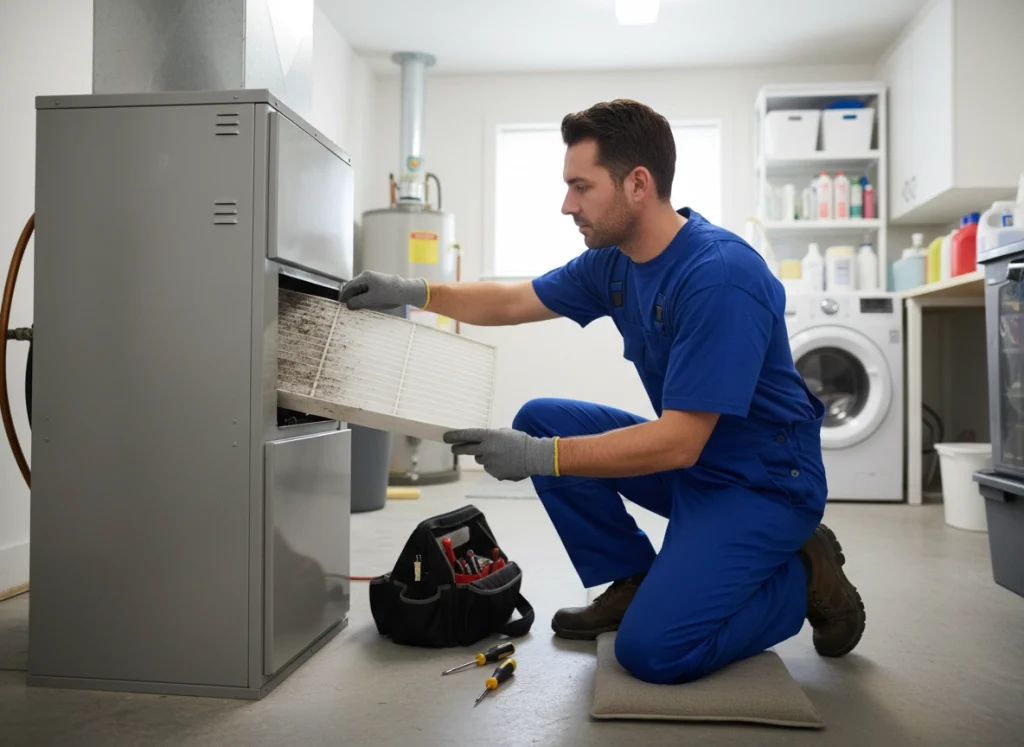 Technician replacing a dirty HVAC air filter during a routine maintenance check.
