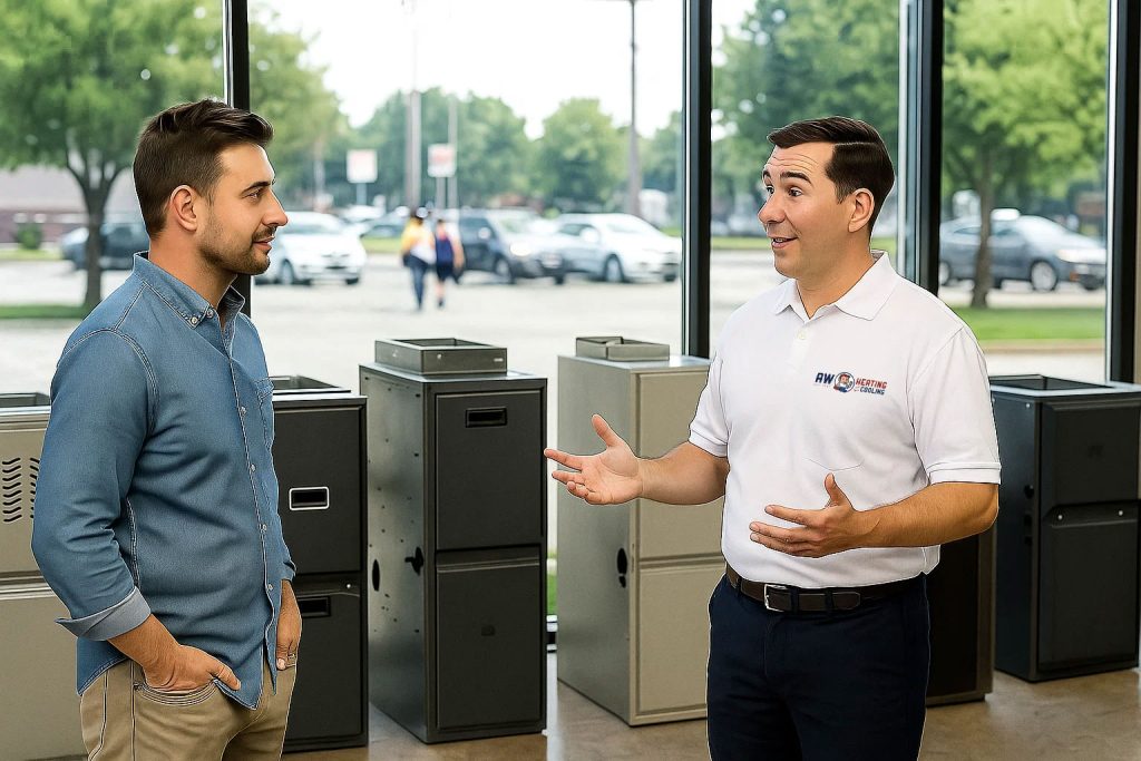 HVAC salesman talking to a customer about furnaces.