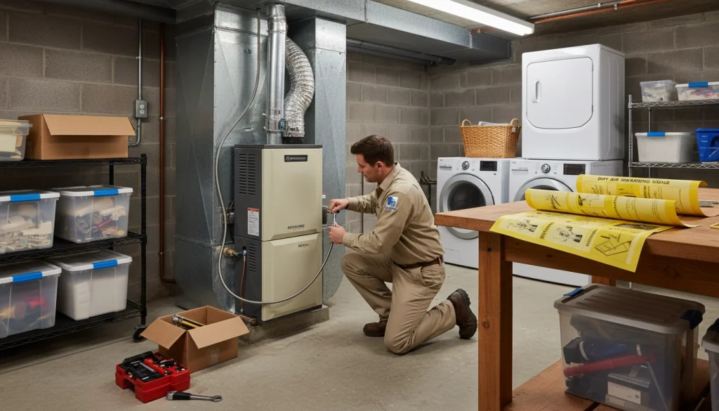 HVAC technician installing whole‑house humidifier in basement utility room