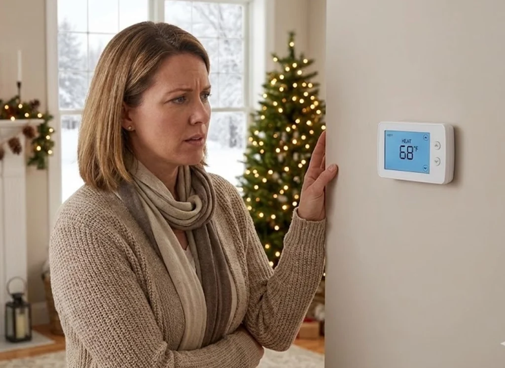 Homeowner checking thermostat settings for emergency furnace repair troubleshooting