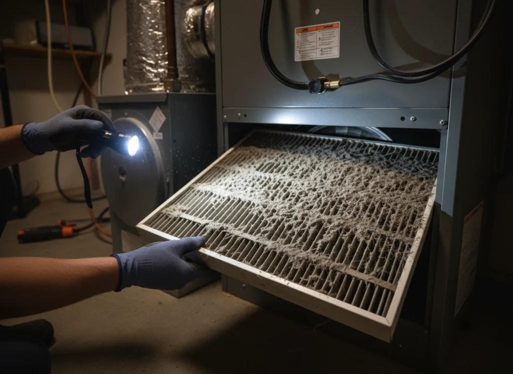 HVAC technician pulling a heavily clogged furnace air filter from a home heating system during winter maintenance.
