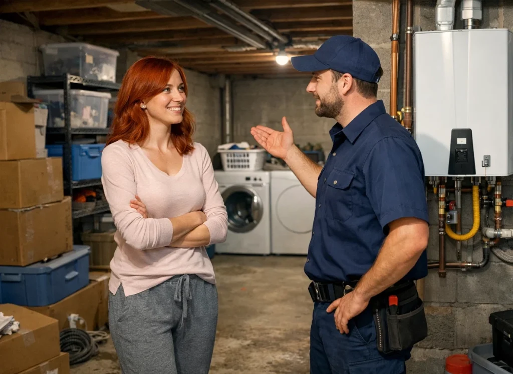 A homeowner and a plumber discuss a tankless water heater in the basement of her home.