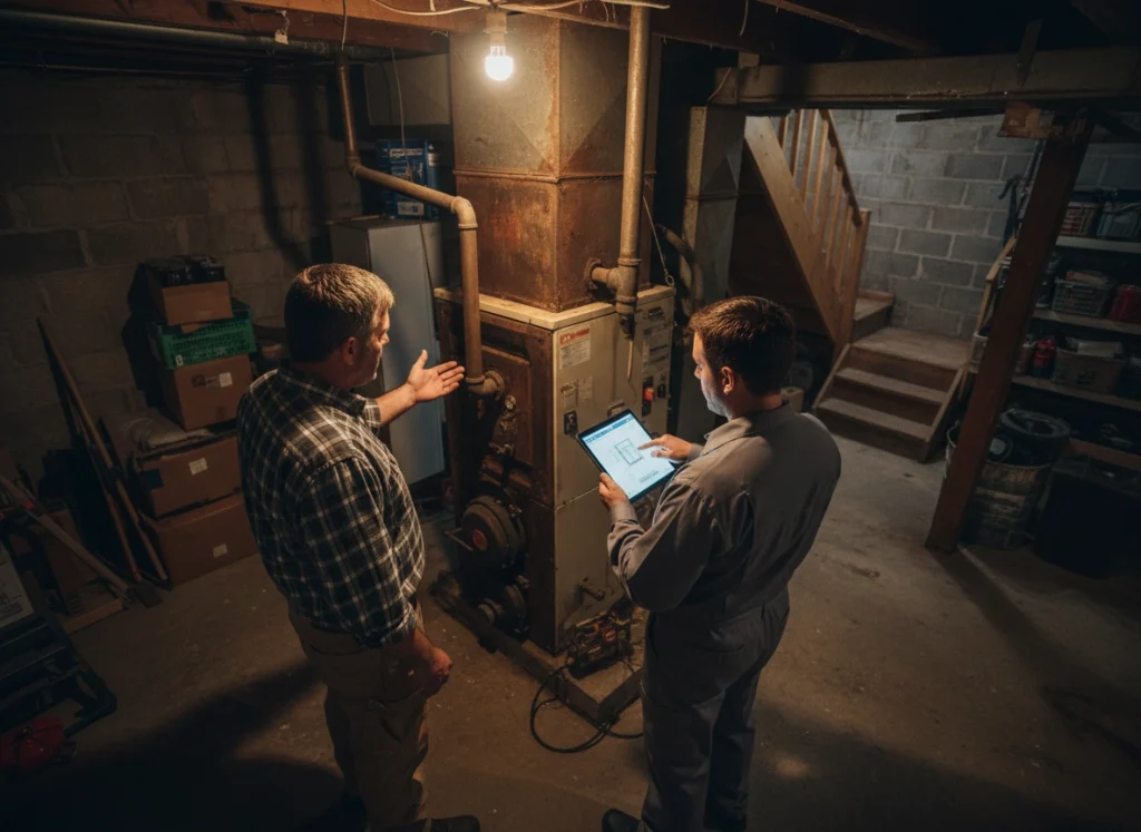 The homeowner and an HVAC technician discussing an old furnace