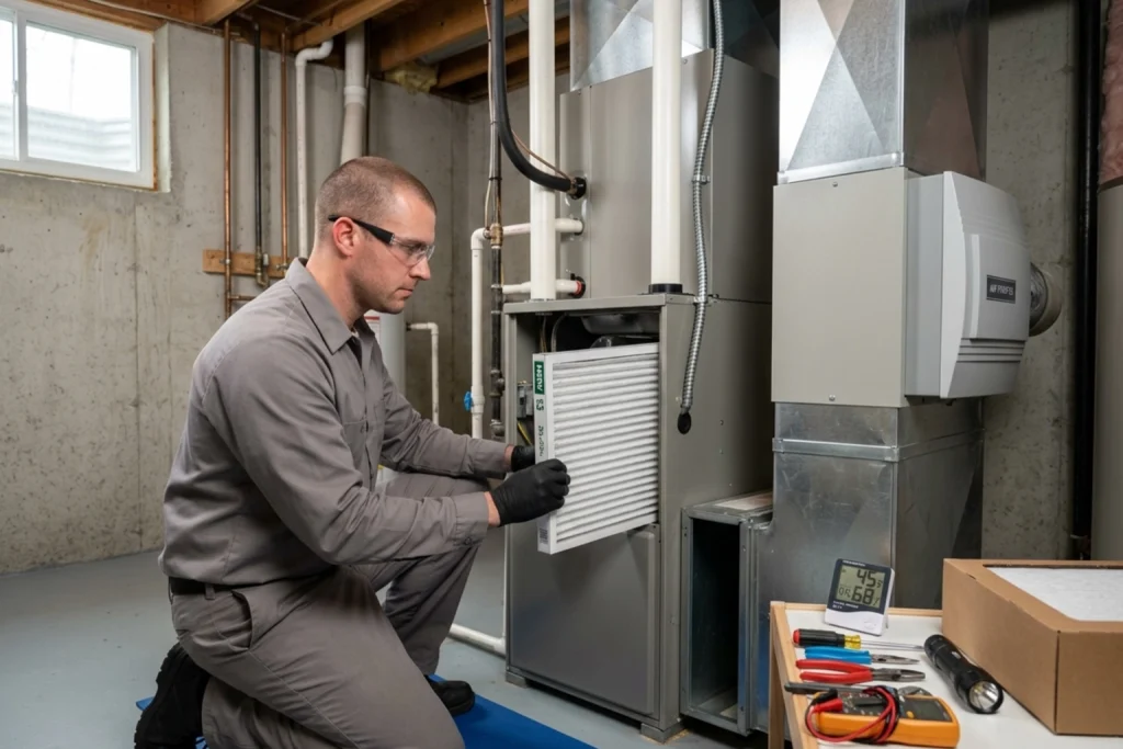 HVAC technician replacing filter for indoor air quality