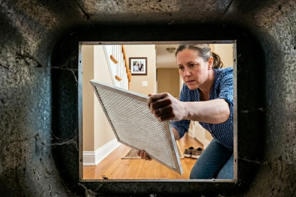 A homeowner changing the air filter in her home.