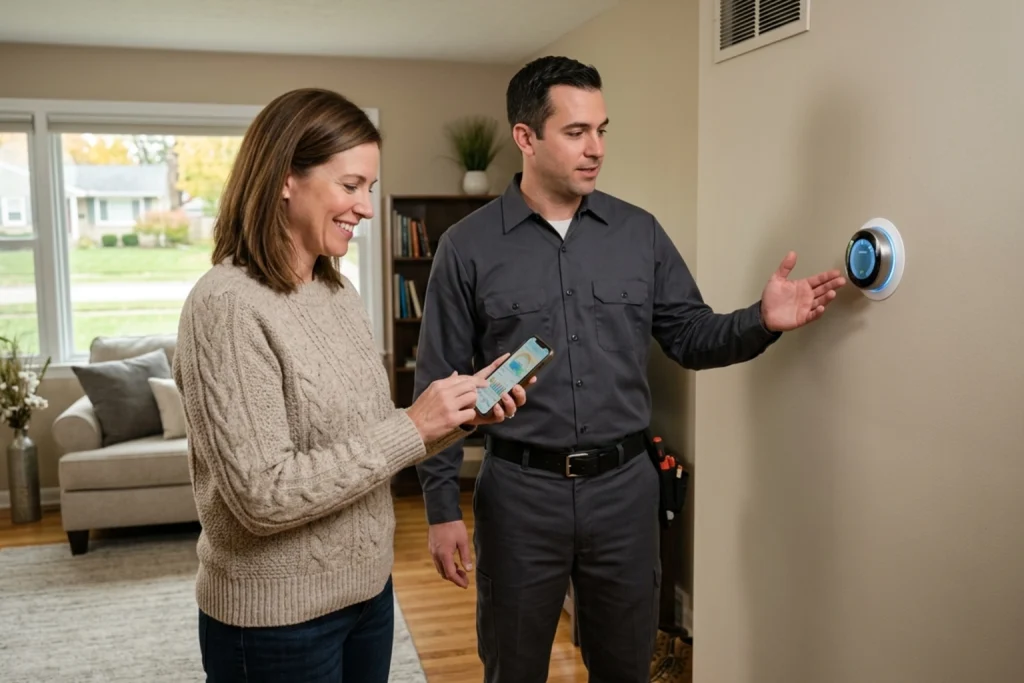 Homeowner learning about smart thermostat installation