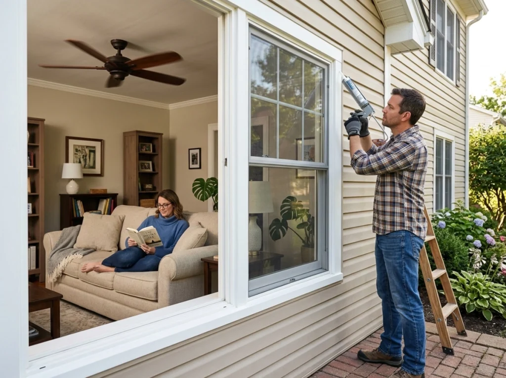 A homeowner chalking his windows in the summer to keep in the cool air.