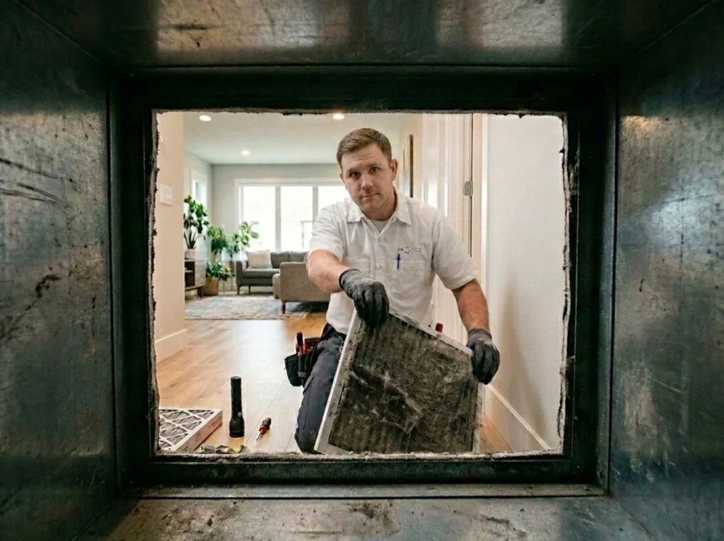 An HVAC technician removing a dirty air filter