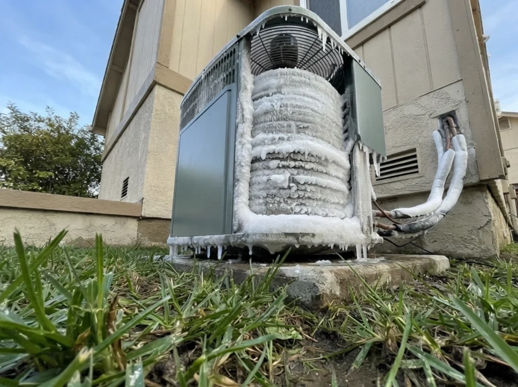 HVAC technician diagnosing airflow and refrigerant causes of a frozen coil