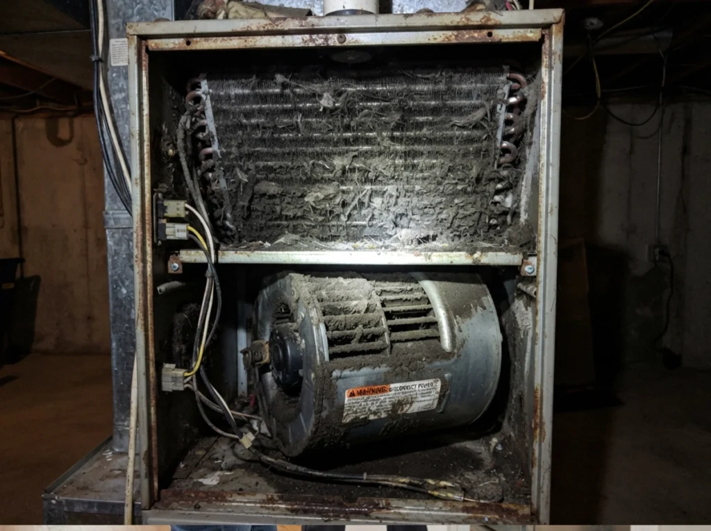 Clogged coils and AC unit in the basement.