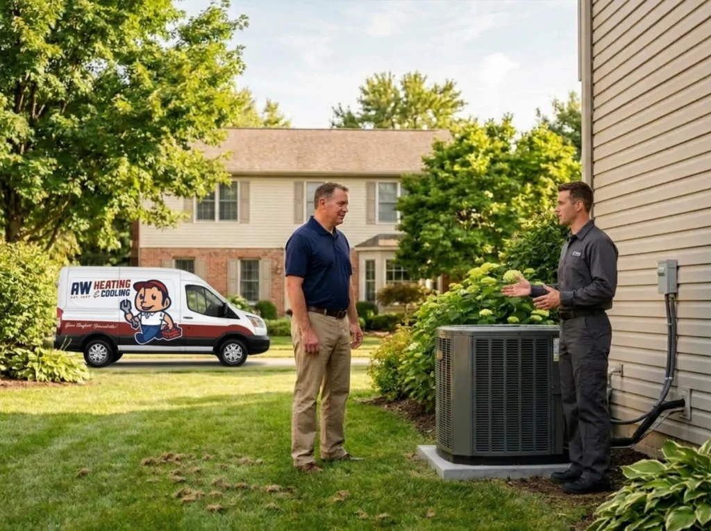 Maumee homeowner discussing late-summer AC efficiency with HVAC technician