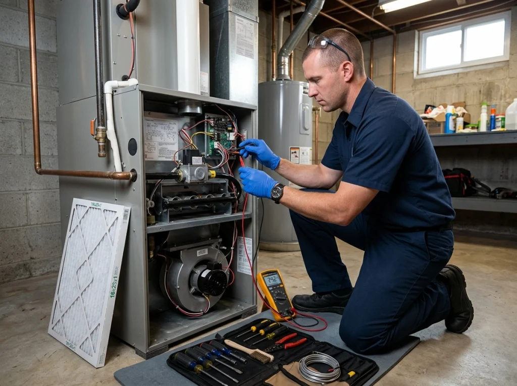 HVAC technician performing furnace maintenance before winter